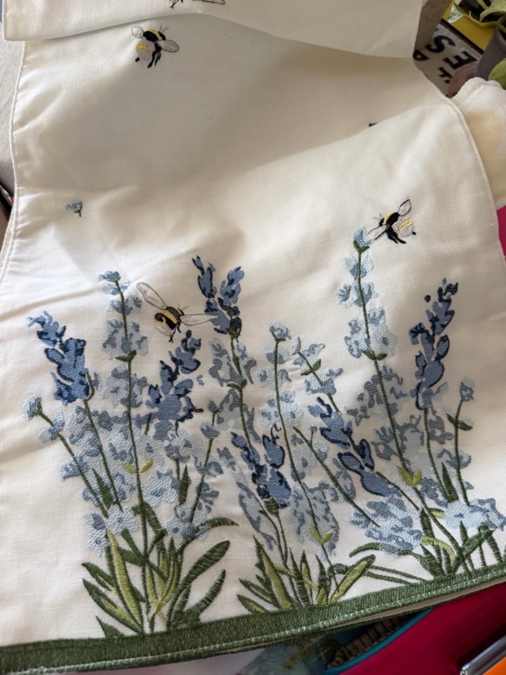 Embroidered Lavender & Bee White Linen Runner